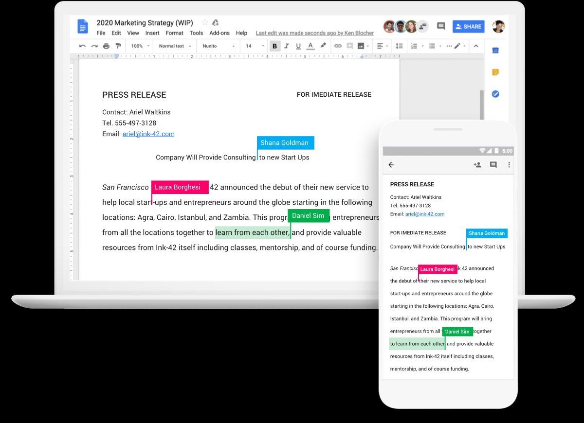 A press release document displayed on both a laptop and smartphone, showcasing real-time collaboration in Google Docs. This image emphasizes the collaborative features of Google Workspace, enabling teams to work together seamlessly.