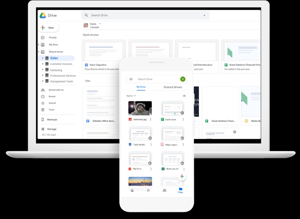 Google Drive displayed on both a laptop and smartphone. This image highlights Google Workspace's cloud storage capabilities, allowing users to store and share files across devices.