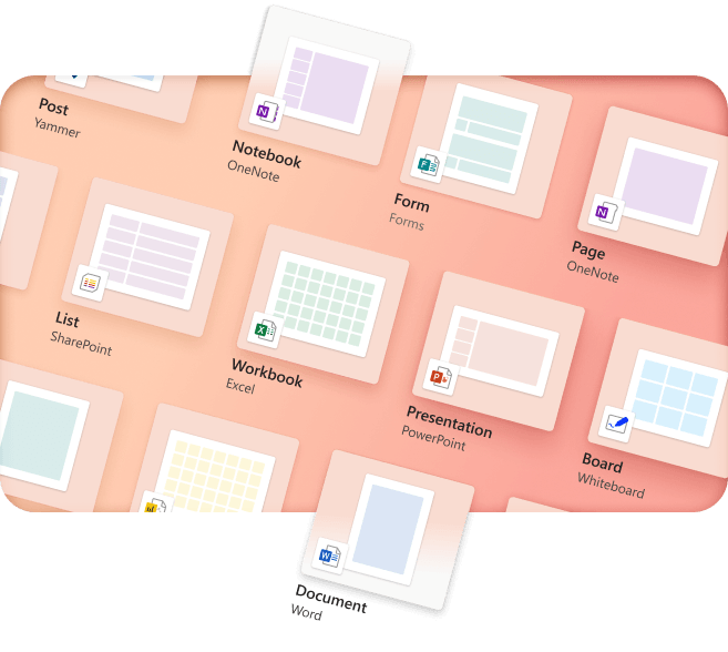 A visual representation of various Microsoft 365 solutions, including apps like Notebook, Workbook, Presentation, and Form, displayed on a gradient background. This image showcases the diverse tools Microsoft 365 offers to enhance productivity and organization in businesses.