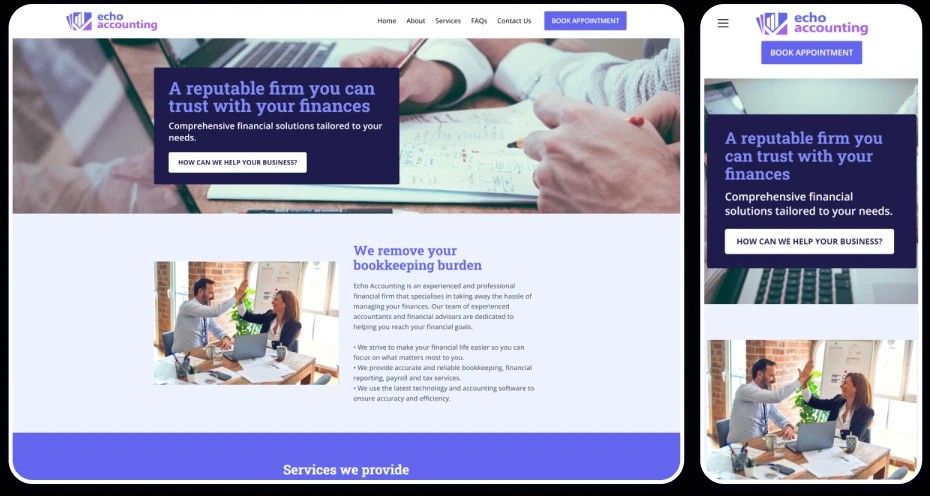 Example of an Accounting firm website template displaying the homepage on both desktop and mobile views.