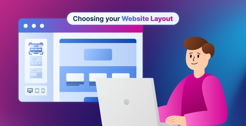 Illustration of a person selecting a website layout on a laptop, representing the process of choosing a website layout for a new project.