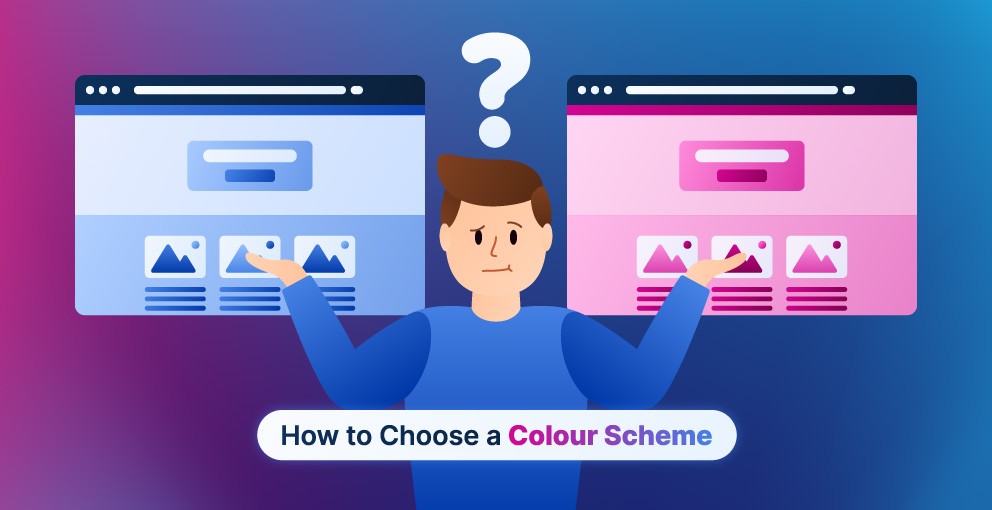 Illustration of a person deciding between two website layouts with different colour schemes, representing the concept of choosing a website colour scheme.